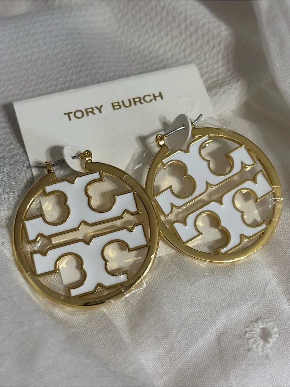 Tory Burch Gold and White Round Logo Drop Earrings